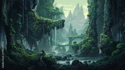 a lone figure stands at the precipice of a bottomless chasm, surrounded by floating islands and cascading waterfalls Utilize pixel art to convey the juxtaposition of vulnerability photo