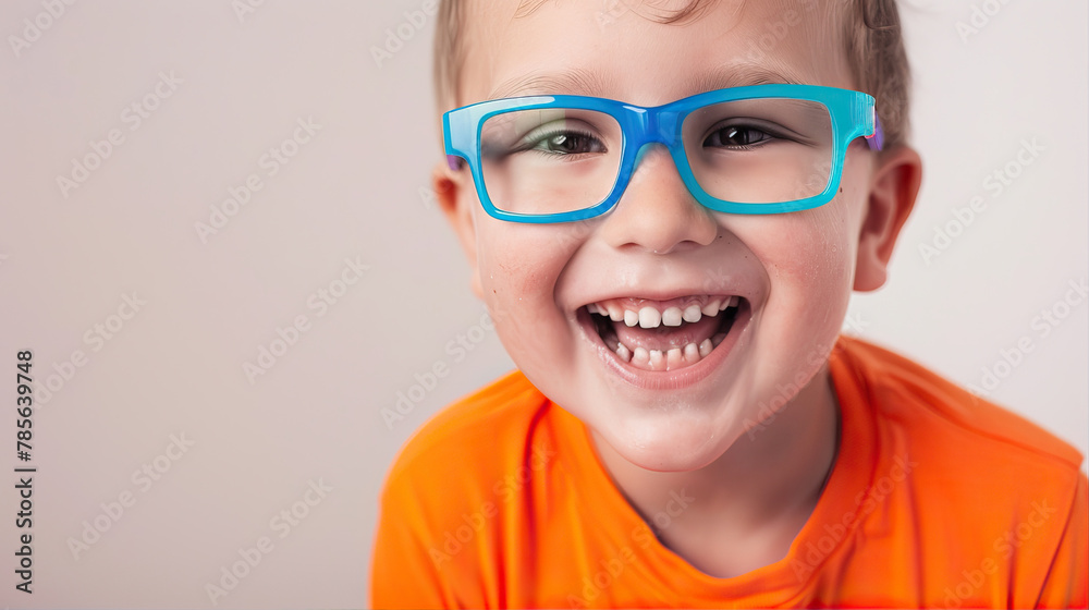 Portrait of a little smiling boy wearing blue glasses and an orange T-shirt
