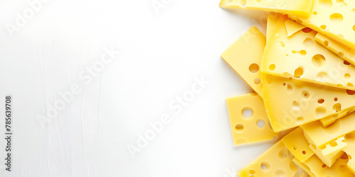 Slices of cheese on the right on a white background, copy space photo