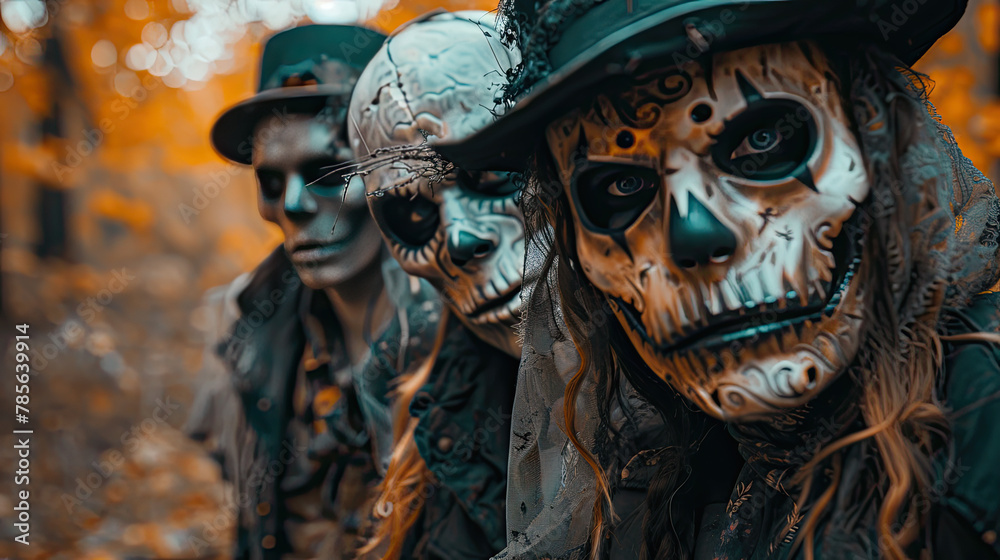 group of men with skeleton painted faces in an autumn field for Halloween 