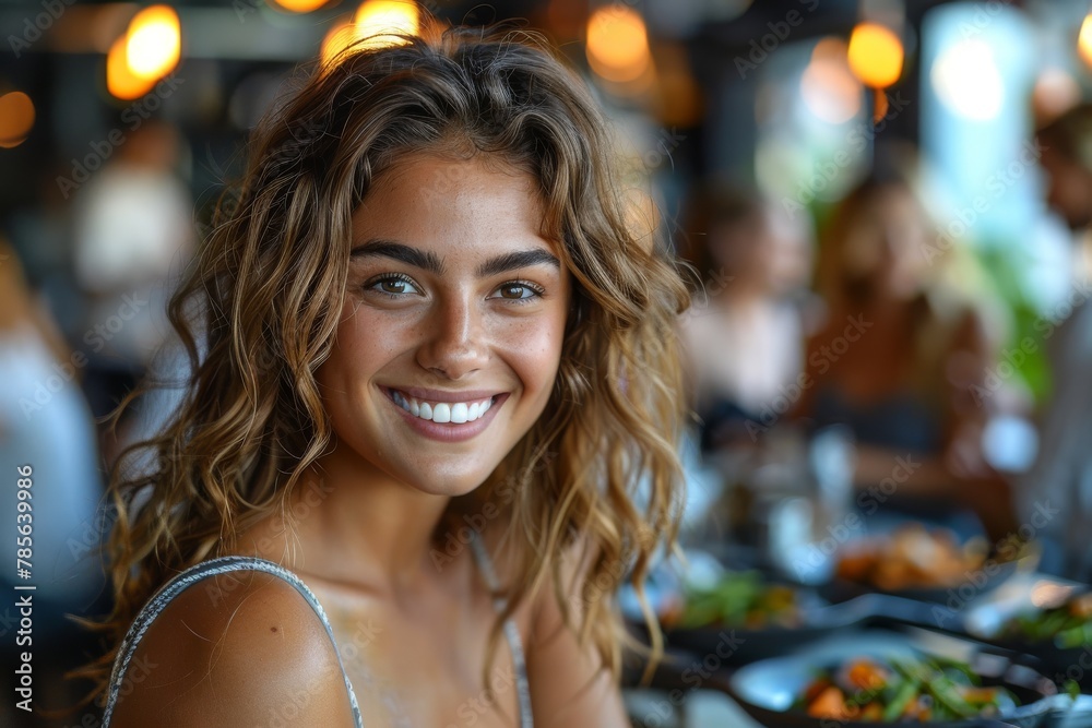 Portrait of a beautiful woman with glowing skin and a bright smile in a lively setting