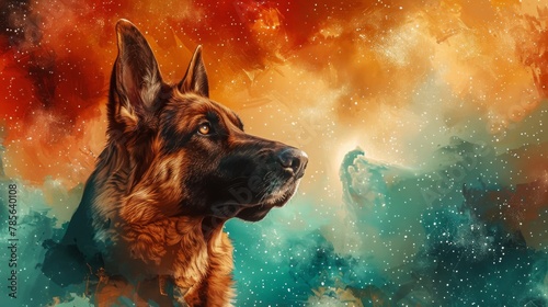 A majestic German Shepherd gazes into a cosmic tapestry of comets and stars, painted in turquoise and warm sand hues, evoking a sense of adventure and mystery.
