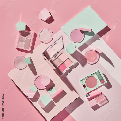 Various cosmetics on a pink background 