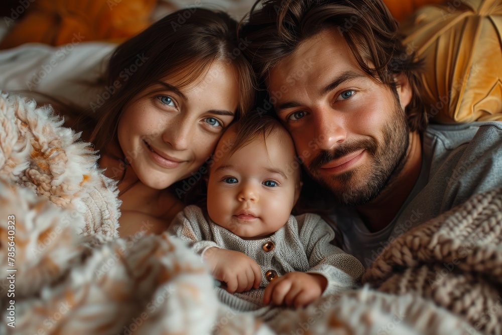 Cozy family portrait with a baby girl, as they all cuddle together wrapped in a warm blanket at home Cozy family portrait with a baby girl, as they all cuddle together wrapped in a warm blanket at home