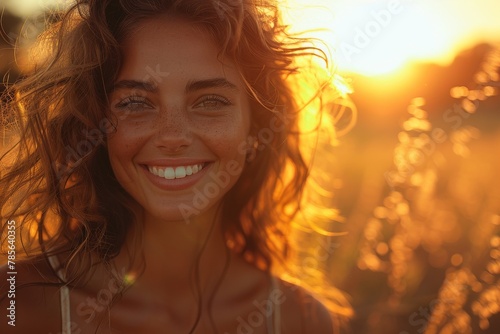 Golden hour portrait of a joyful woman with curly hair playfully smiling in a sunlit natural field © Larisa AI