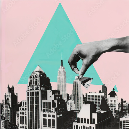 Collage with city, black and white high-rise buildings and hand

