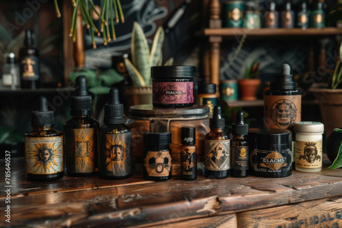 Vintage Apothecary Bottles on Wooden Shelves