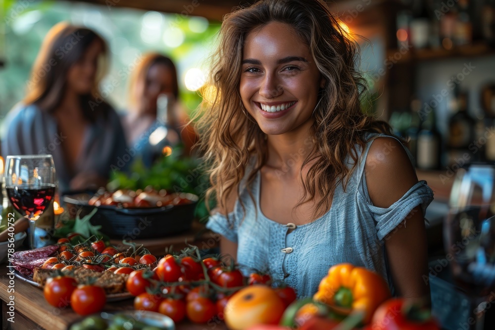 Attractive woman with curly hair and a brilliant smile enjoying a dinner party with friends and fresh food Attractive woman with curly hair and a brilliant smile enjoying a dinner party with friends and fresh food