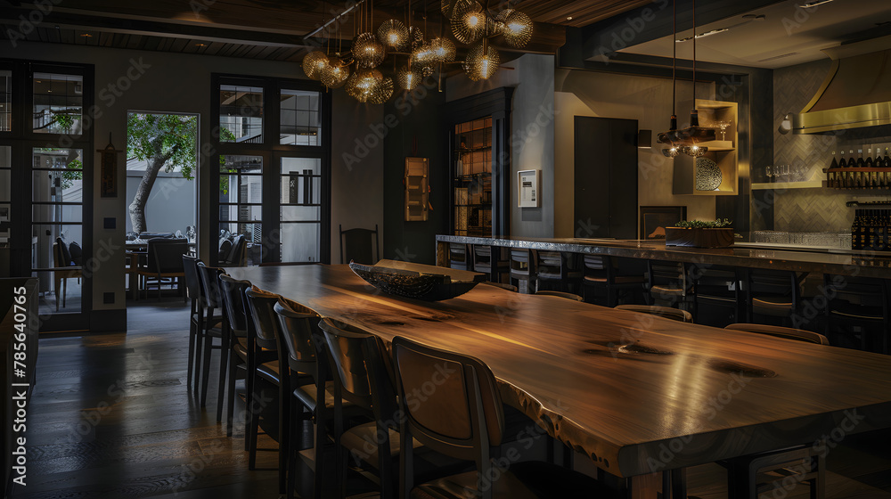 An elegant dining room with a large wooden table and statement lighting.