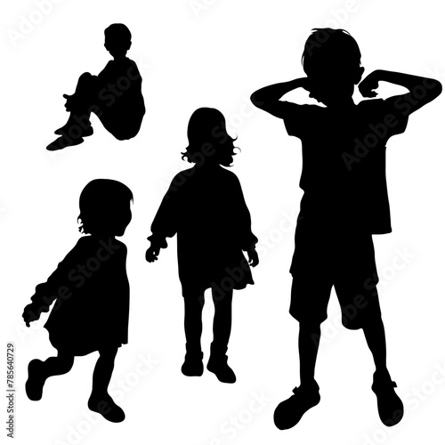 Vector silhouettes of children. Silhouette of a running little girl, an awakened boy. The child sits with his hands clasped around his knees.