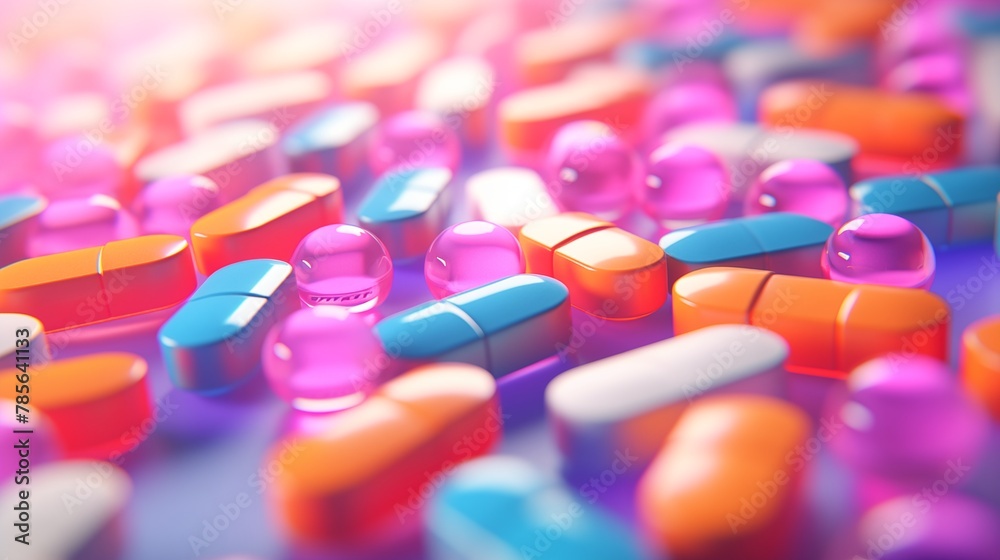 Colorful medicine tablets antibiotic pills on soft background. - obrazy, fototapety, plakaty 