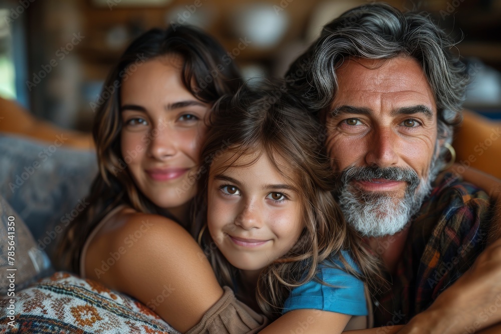 Warm family portrait of a father with his two young daughters hugging him Warm family portrait of a father with his two young daughters hugging him