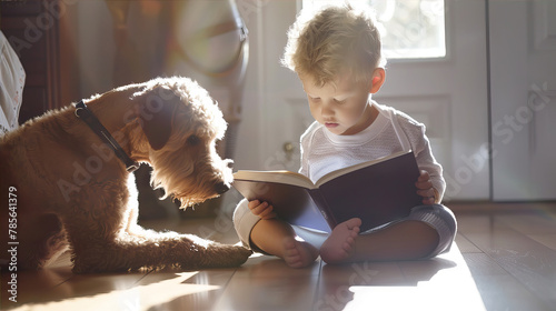 A boy sits on the floor and reads a book. Next to him is his dog.
