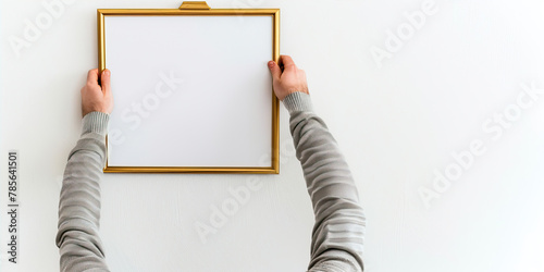 A man hangs an austral white painting in a wooden frame on the wall
 photo