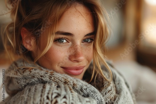 Alluring young woman wrapped in cozy knitted woolen clothes with a focus on comfort