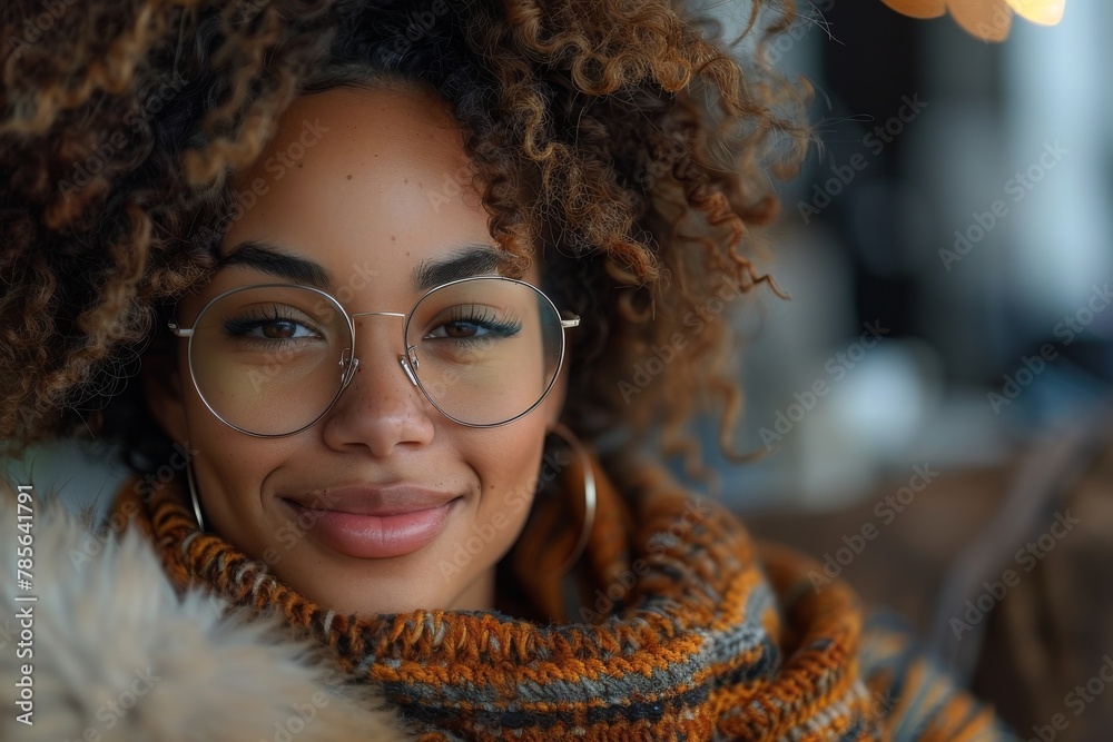 A stylish woman with glasses and curly hair poses confidently while wearing trendy winter clothing A stylish woman with glasses and curly hair poses confidently while wearing trendy winter clothing