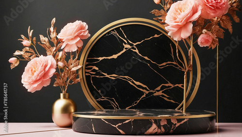 a sophisticated podium with black marble and gold accents, adorned with pink roses and golden leaves against a dark background