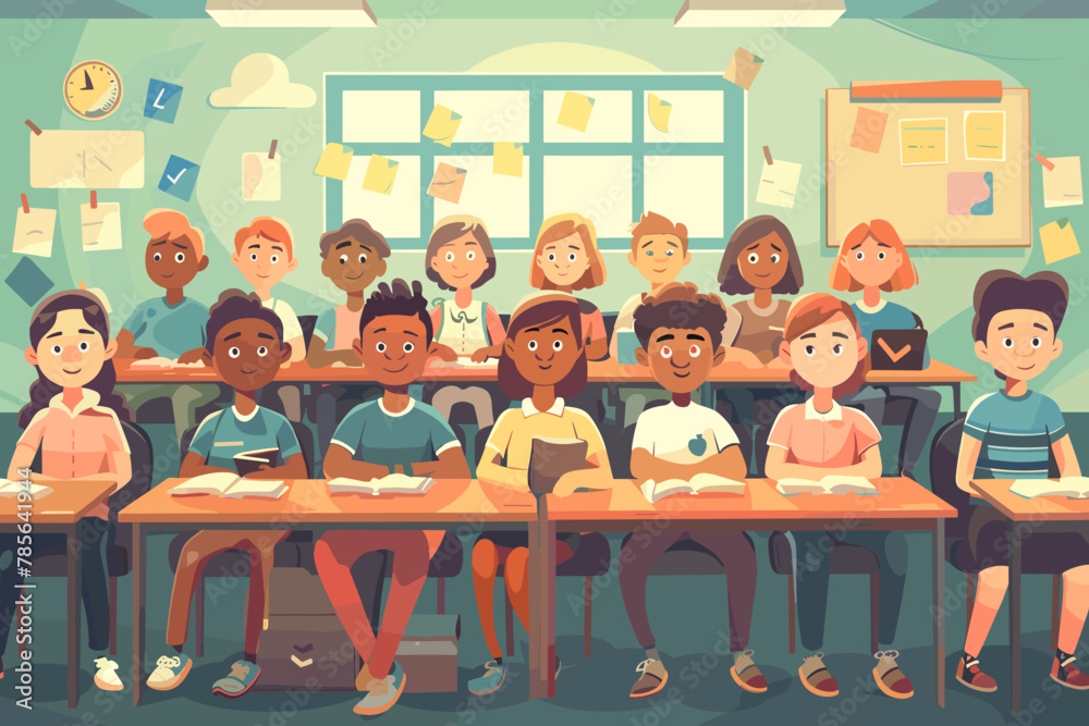 Diverse Group of Students Attentively Listening to Teacher's Lecture in Classroom Vector Illustration