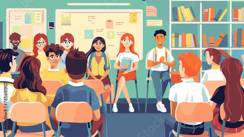 Diverse Group of Students Attentively Listening to Teacher's Lecture in Classroom Vector Illustration