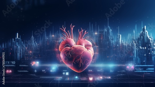 futuristic medical research or heart cardiology health care with diagnosis vitals infographic biometrics for clinical and hospital stethoscope and catheter services as wide banner.