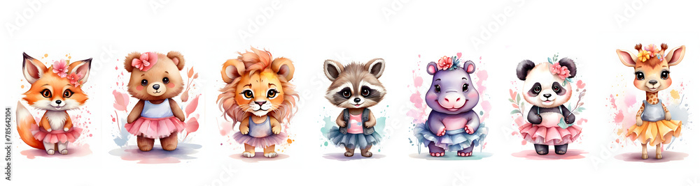 Fototapeta premium Watercolor cartoon animals for decoration. Generative AI