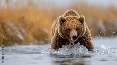Brown bear swimming in a lake, surrounded by water, representing the majestic presence of wild animals in nature