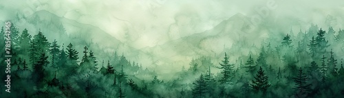 An abstract watercolor forest background in shades of Forest Green and Moss Green. Busy yet minimal pattern with negative space for imagination, like a watercolor nursery book. photo