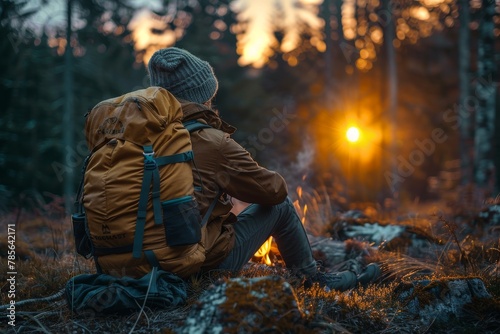 An adventurer rests by a warm campfire in the forest, enjoying the peace of a wilderness sunset