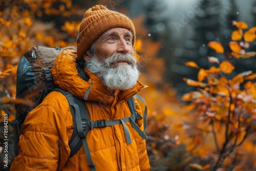 A lone hiker in an orange jacket stands amidst vibrant autumn leaves, conveying a sense of exploration