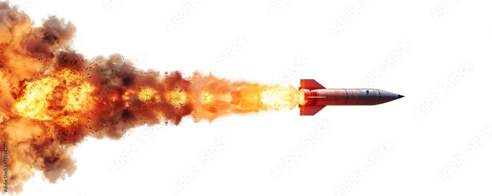 Fototapeta premium A missile rocket with fire trail isolated on transparent background.