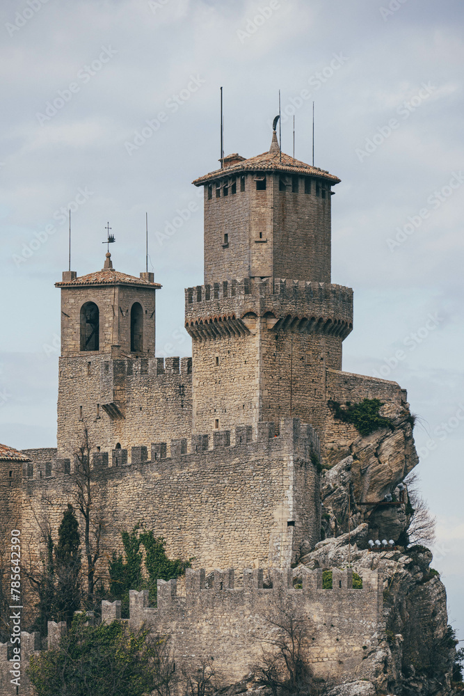 detail view of the first castle tower of san marino country on top of steep hill in republic 