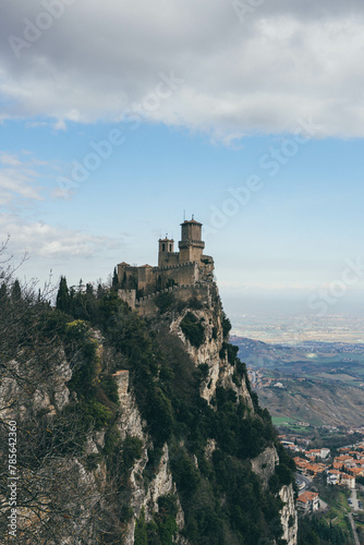 view of the first castle tower of san marino country on top of steep hill in republic 