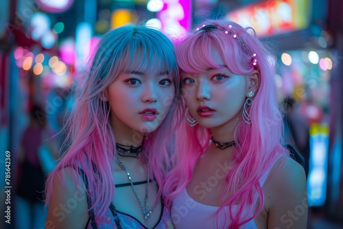 Two female Korean friends on the streets of Seoul, ai generated
