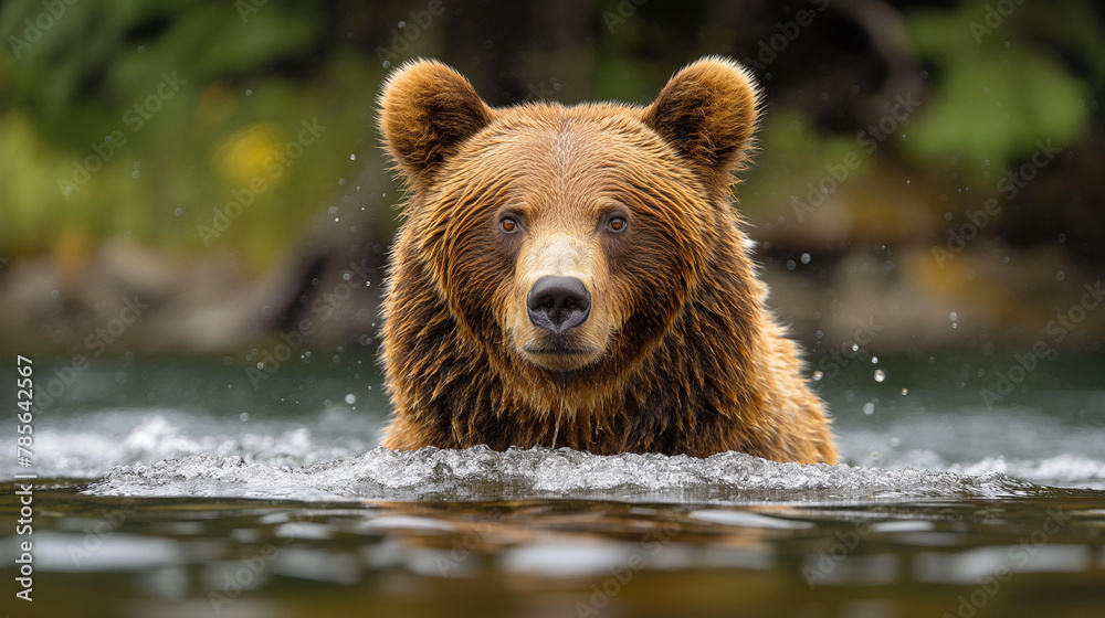 Brown bear swimming in a lake, surrounded by water, representing the majestic presence of wild animals in nature Brown bear swimming in a lake, surrounded by water, representing the majestic presence of wild animals in nature