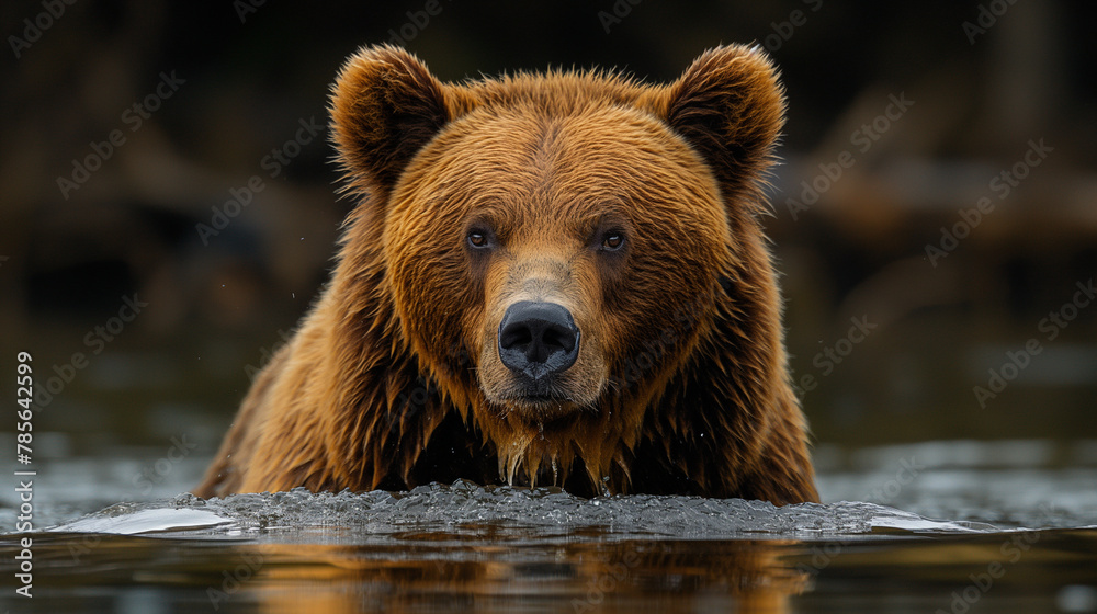 Brown bear swimming in a lake, surrounded by water, representing the majestic presence of wild animals in nature Brown bear swimming in a lake, surrounded by water, representing the majestic presence of wild animals in nature