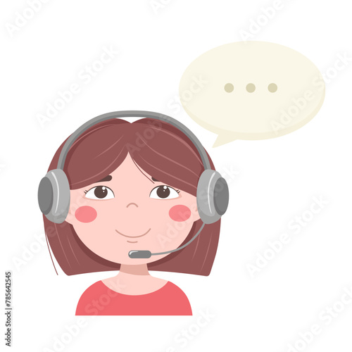 Girl with a headset, communication with people, technical support. Vector illustration.