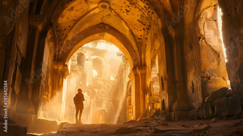 An explorer in an ancient ruin with sunlight streaming through a decrepit archway evoking the mystery and history of civilizations past.