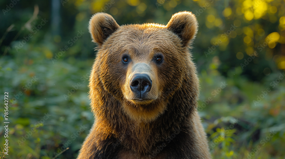 A brown bear, a powerful wild animal, swims in a river surrounded by nature A brown bear, a powerful wild animal, swims in a river surrounded by nature