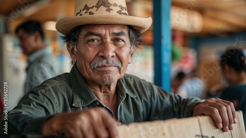 A senior man wearing a hat gives a friendly look while sitting at a busy market area (ID: 785642738)