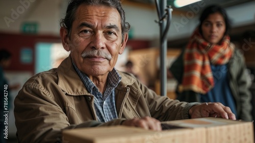 A contemplative senior man stands at his craftsman's workshop, looking at the camera (ID: 785642740)