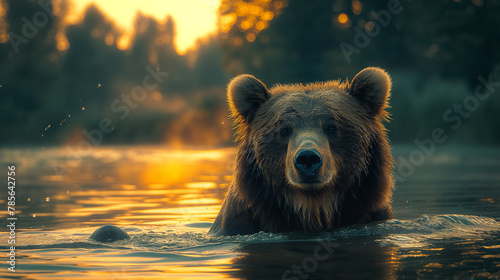 A brown bear, a powerful wild animal, swims in a river surrounded by nature photo