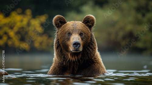 A brown bear, a powerful wild animal, swims in a river surrounded by nature © Panyamethi