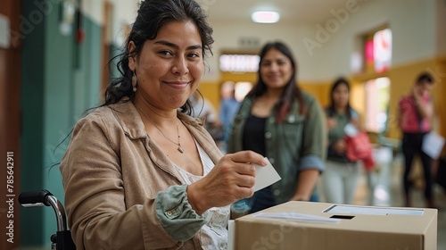 mexican Woman in a wheelchair casting her vote at a polling station, with other voters in the background, representing democratic participation (ID: 785642911)
