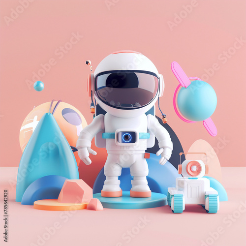 Robot in abstract landscape with pastel pink, blue and orange colours
