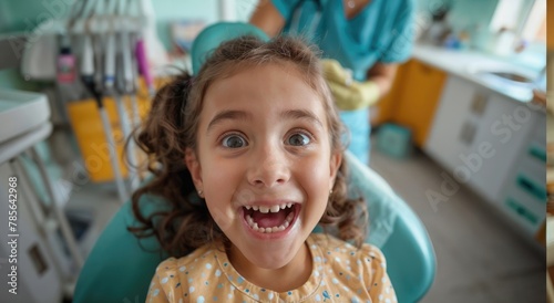 An excited young girl with curly hair opens her mouth wide at the dentist's office, showing her teeth during a checkup (ID: 785642968)