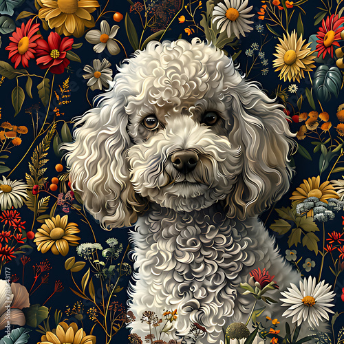 Poodle Puppy Cottagecore, Forestcore | Curly Dog Lover Garden Floral seamless pattern V5