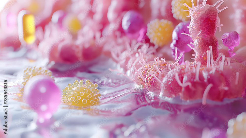 Abstract human mucosa with harmful and beneficial bacteria and microorganisms Abstract human mucosa with harmful and beneficial bacteria and microorganisms