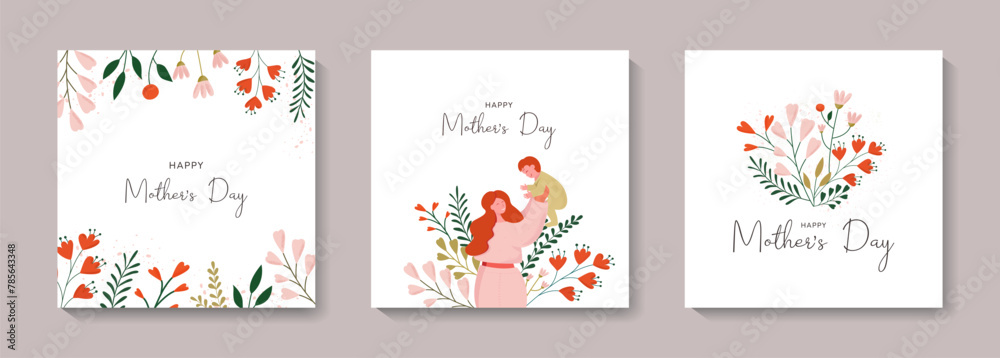 set of Happy Mother's Day greeting cards with beautiful colorful flowers and woman holding up a baby. Editable vector template for greeting card, poster, banner, invitation, social media post.
