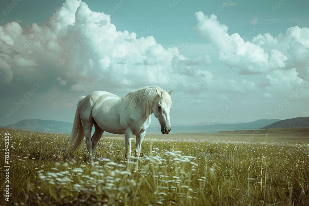 Beautiful white horse on green field - obrazy, fototapety, plakaty 