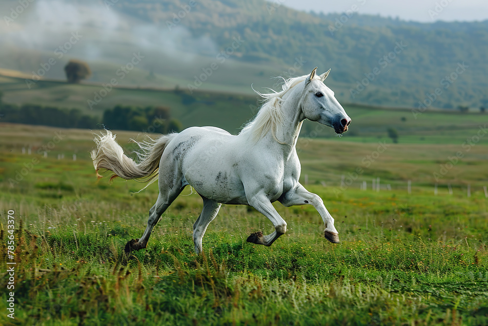 White horse run gallop on green field